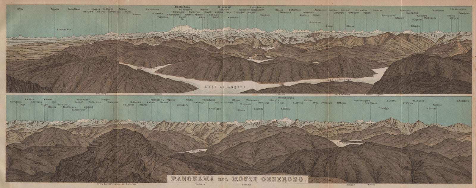 MONTE GENEROSO PANORAMA. Lugano Como Maggiore Rosa Mischabel Disgrazia 1901 map